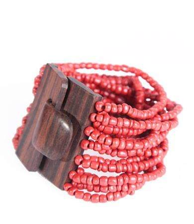 Bracciale Fibbia, legno e perline di vetro, elasticizzato - rosso - Bijondo